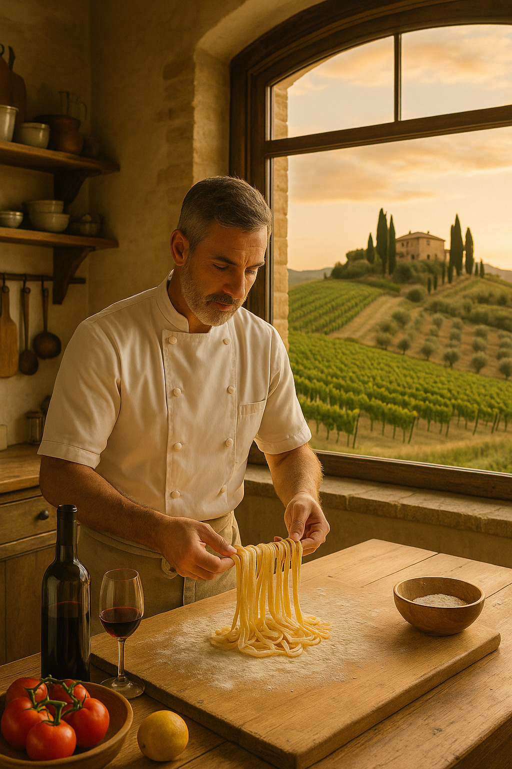 Beautiful farm-to-table dining experience in Tuscany with local chef preparing fresh pasta, authentic Italian countryside setting, culinary travel photography