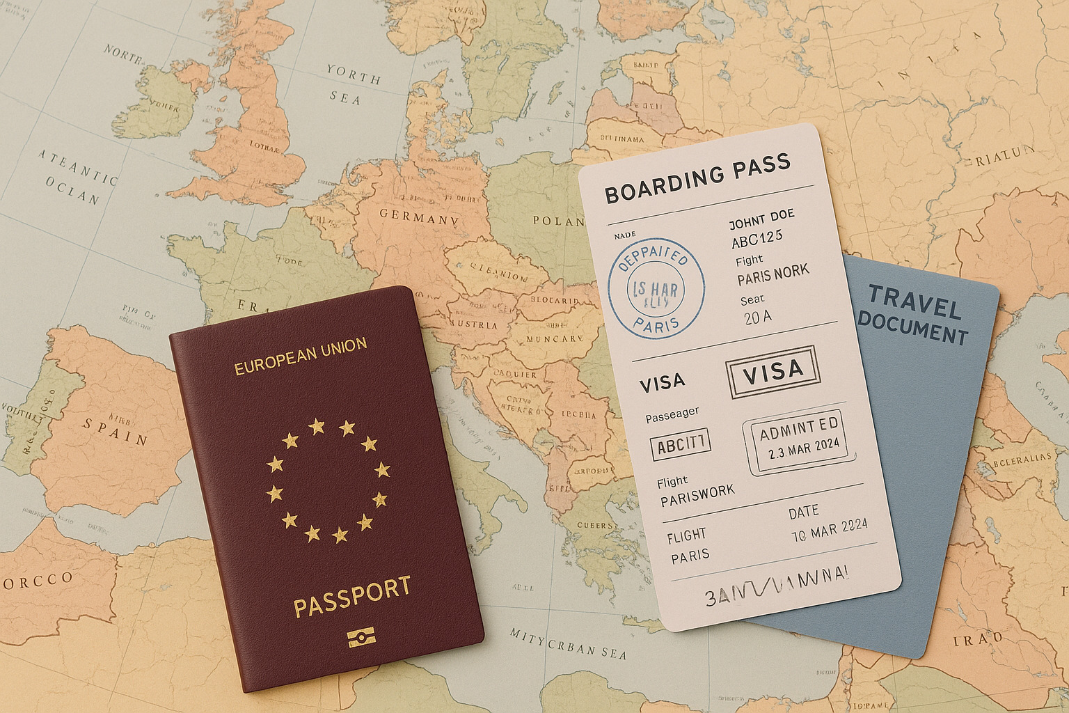 European passport and travel documents laid out on a map of Europe, with official stamps and authorizations visible, clean flat lay photography style, travel planning aesthetic