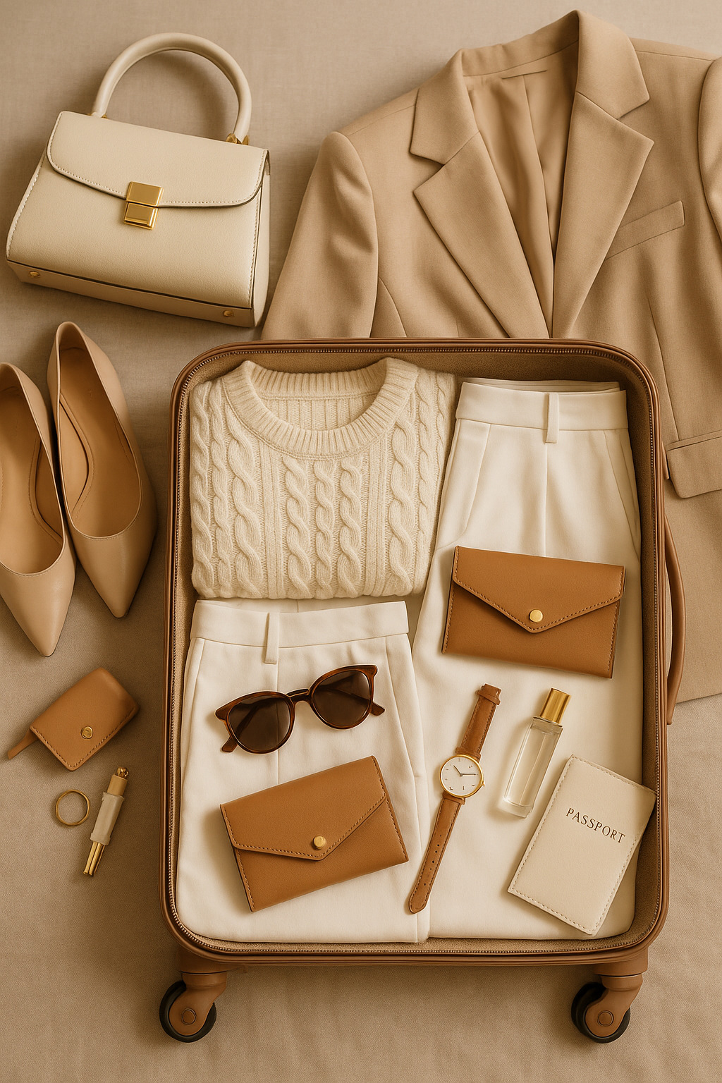 Elegant luxury suitcase laid out with sophisticated travel wardrobe, designer accessories, and travel essentials arranged beautifully, luxury lifestyle photography