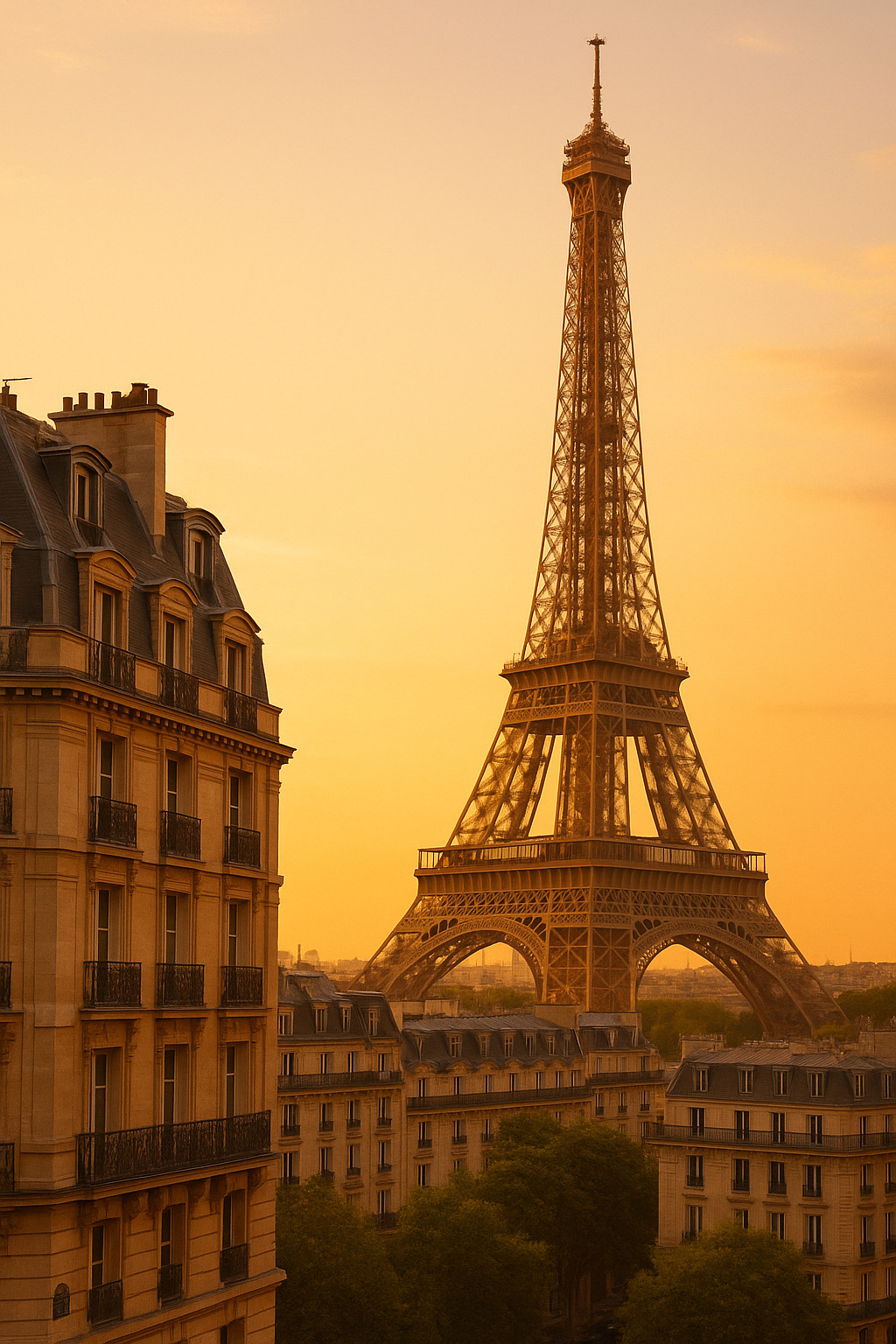 Iconic view of the Eiffel Tower during golden hour with Parisian architecture in the foreground, classic French elegance, luxury travel destination photography, warm lighting