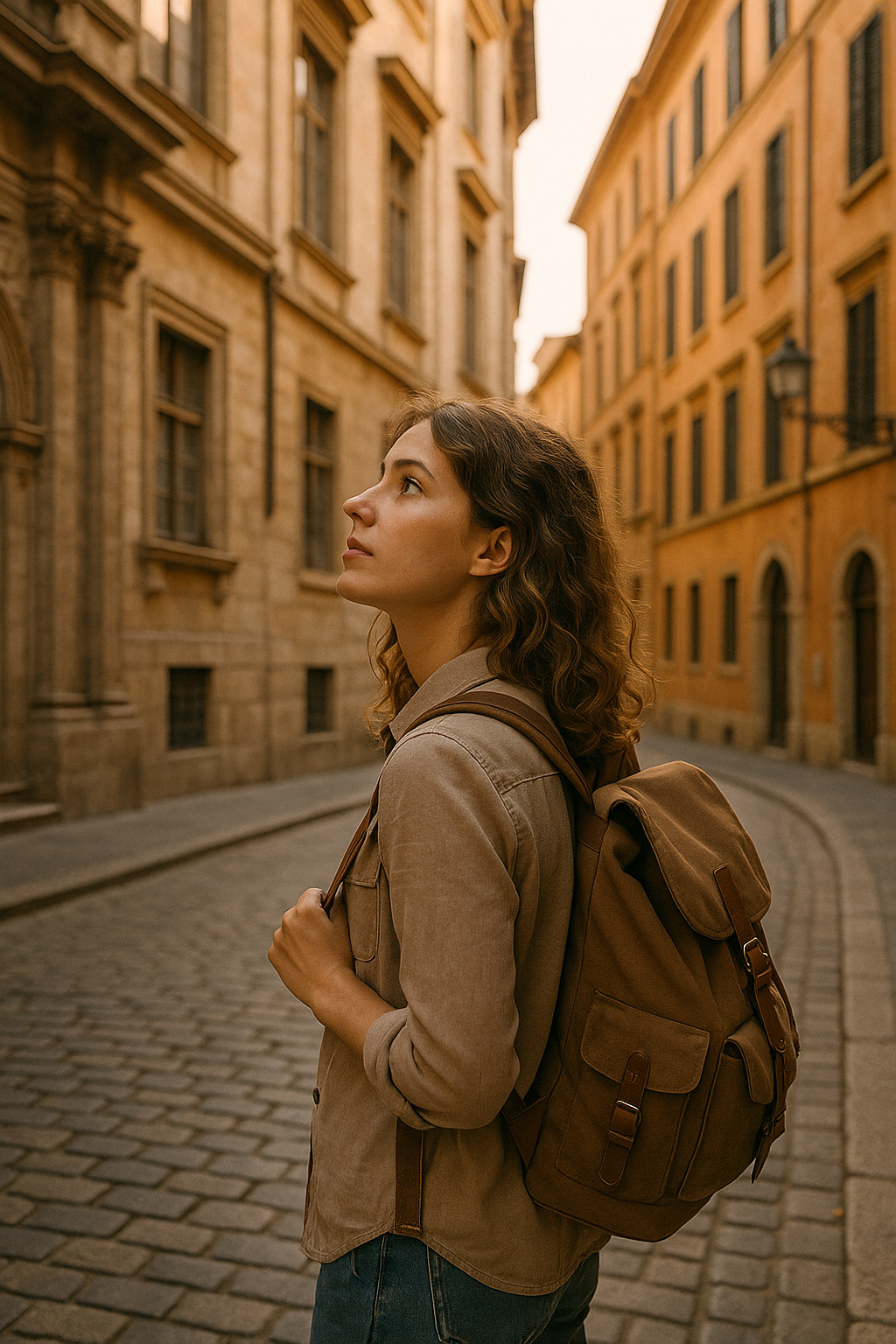 Confident solo female traveler with backpack exploring a charming European street, looking at architecture, independent travel lifestyle, empowering and inspiring photography