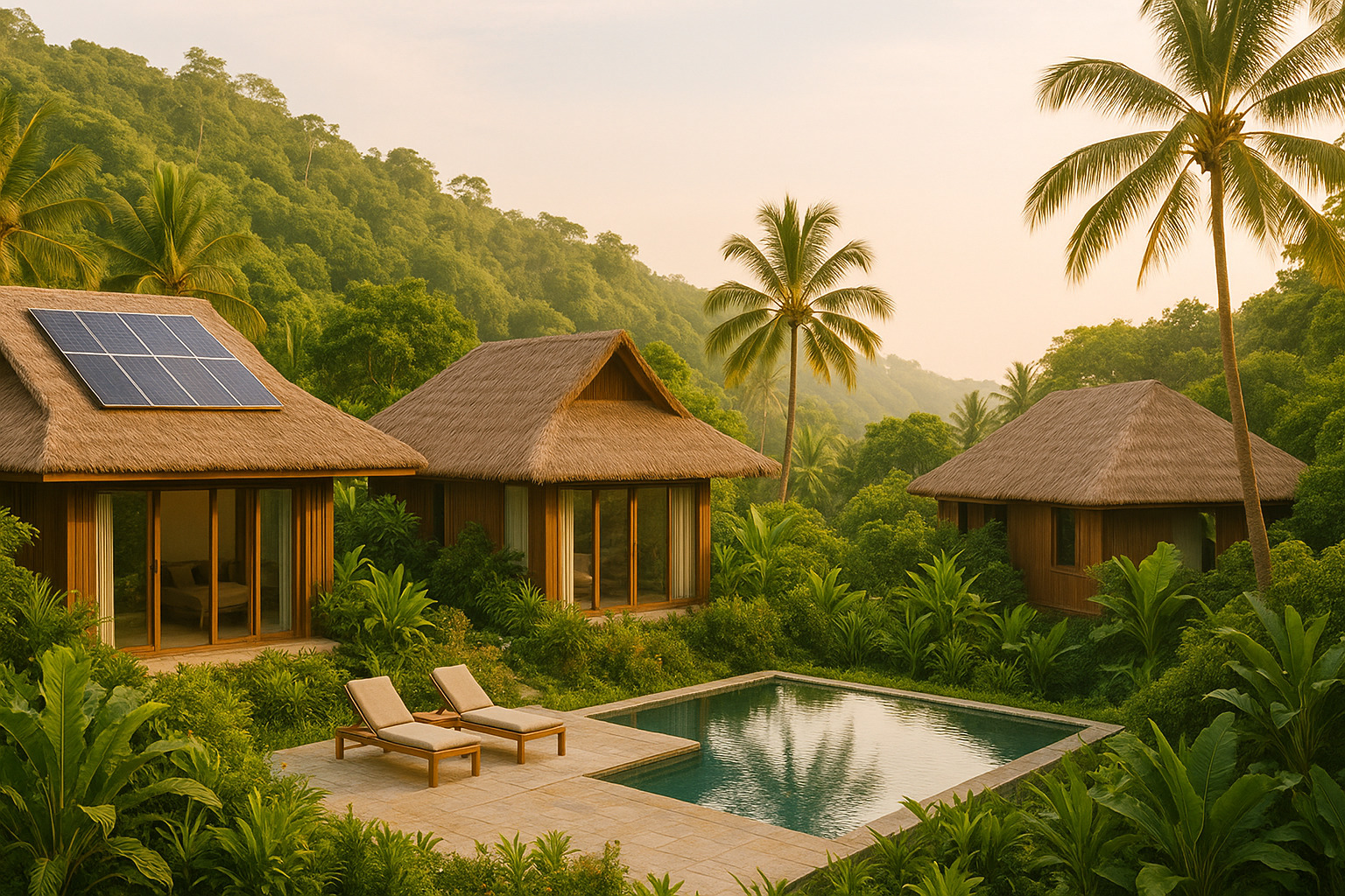 Eco-luxury resort nestled in lush tropical landscape, sustainable architecture blending with nature, solar panels visible, responsible tourism photography