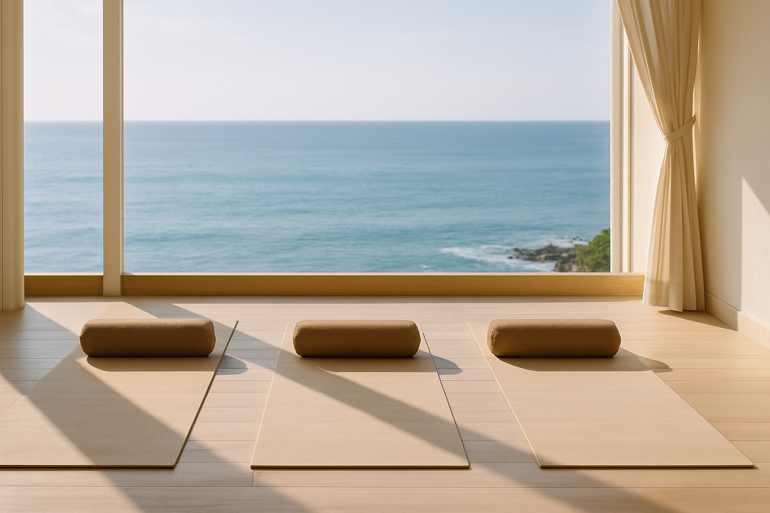 Serene spa setting with yoga mats overlooking ocean view, wellness retreat atmosphere, natural lighting, peaceful and rejuvenating spa photography