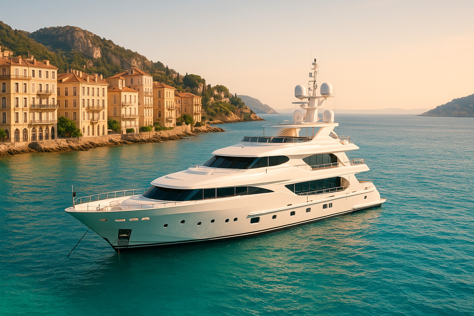 Luxury yacht anchored in crystal clear Mediterranean waters near a picturesque coastal town, elegant white yacht against azure blue sea, luxury travel photography